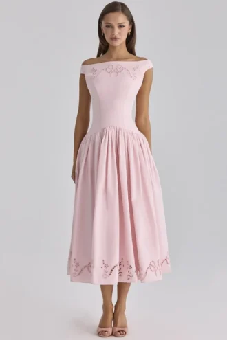 Vestido largo de algodón rosa con bordado inglés y cuello barco de Lauren