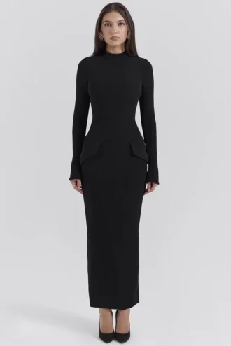 Vestido largo de cuello alto negro Marie-Louise