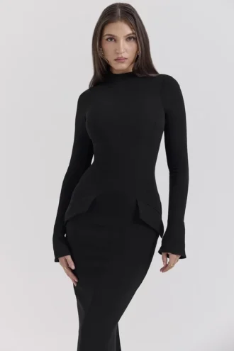 Vestido largo de cuello alto negro Marie-Louise