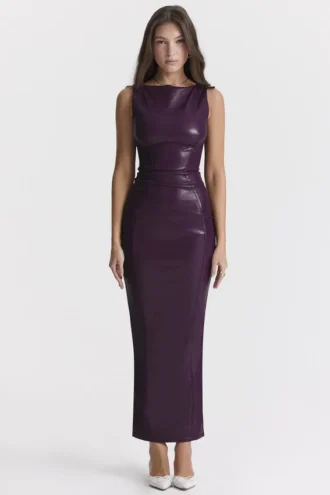 Vestido largo de cuero vegano «Sahara» en color merlot