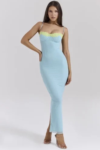 Vestido largo de encaje con contraste azul océano «Aiza»