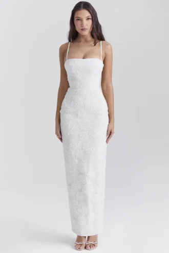 Vestido largo de encaje floral blanco «Eva»