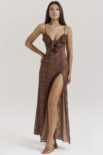 Vestido largo de encaje Lucianna Espresso