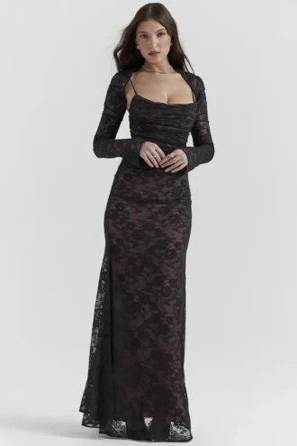 Vestido largo de encaje negro Artemis