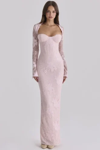 Vestido largo de encaje rosa Lucienne