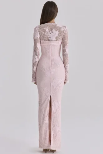 Vestido largo de encaje rosa Lucienne