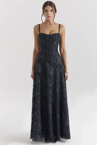 Vestido largo de gasa con lurex «Esme» en azul medianoche