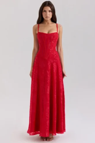 Vestido largo de gasa con lurex rojo Esme