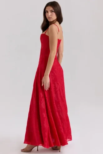 Vestido largo de gasa con lurex rojo Esme