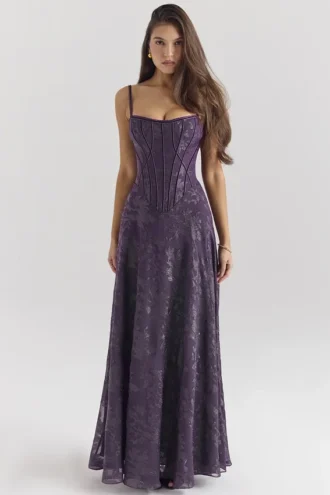 Vestido largo de gasa de lurex color uva «Esme»