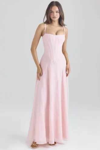 Vestido largo de gasa de lurex rosa palo «Esme»