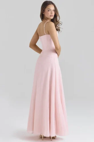 Vestido largo de gasa de lurex rosa palo «Esme»