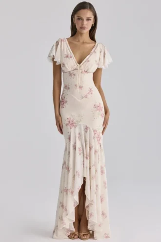 Vestido largo de georgette con estampado de rosas vintage «Amina» en color marfil
