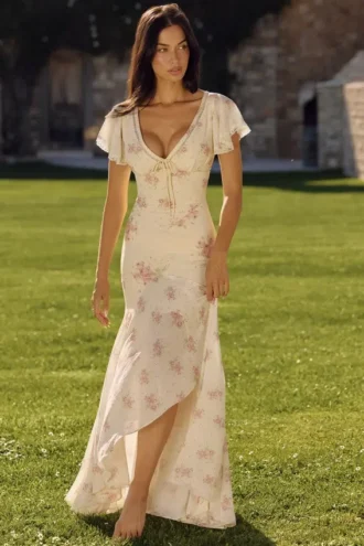 Vestido largo de georgette con estampado de rosas vintage «Amina» en color marfil