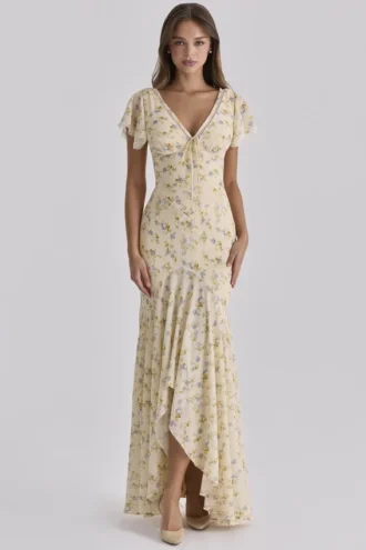 Vestido largo de georgette con estampado floral «Amina Lemon»