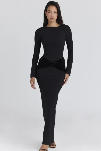 Vestido largo de jersey de crepé de manga larga «Athena» en negro