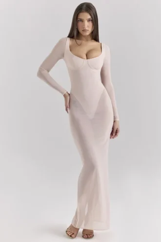 Vestido largo de malla color rosa palo «Everly» con Bodis incorporado