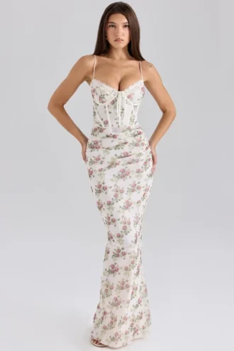 Vestido largo de malla con estampado de rosas color crema «Calista»