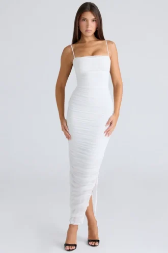 Vestido largo de malla elástica fruncida «Fornarina» en blanco