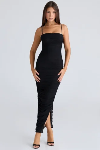 Vestido largo de malla elástica fruncida Fornarina en negro
