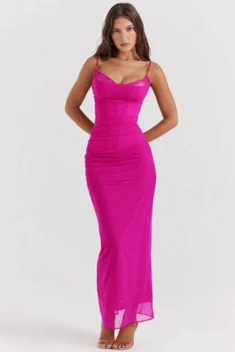 Vestido largo de malla elástica «Nalini» en fucsia