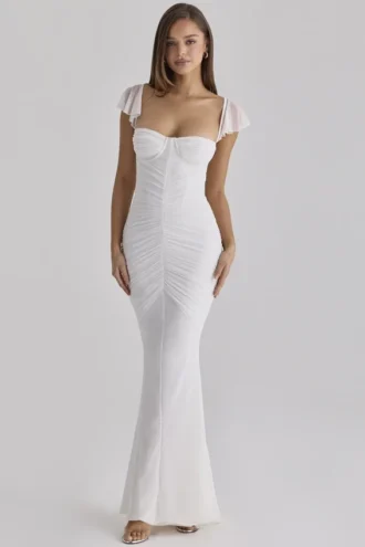 Vestido largo de malla fruncida «Antonella» en blanco