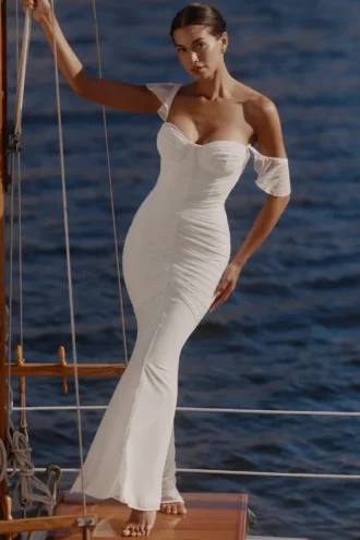 Vestido largo de malla fruncida «Antonella» en blanco