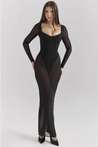 Vestido largo de malla negro Everly con Bodis