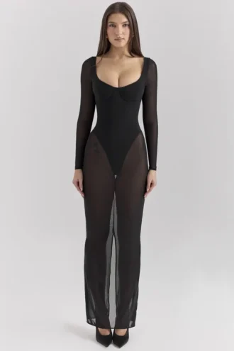 Vestido largo de malla negro Everly con Bodis