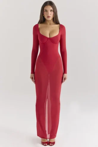 Vestido largo de malla rojo Everly Holly con Bodis