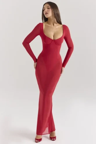 Vestido largo de malla rojo Everly Holly con Bodis
