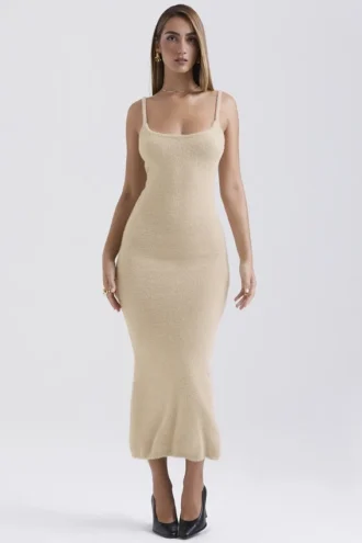 Vestido largo de punto suave y mullido «Fayette» en color beige