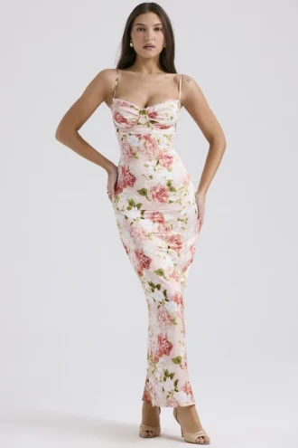 Vestido largo de satén con estampado de peonías rosa «Josefina»