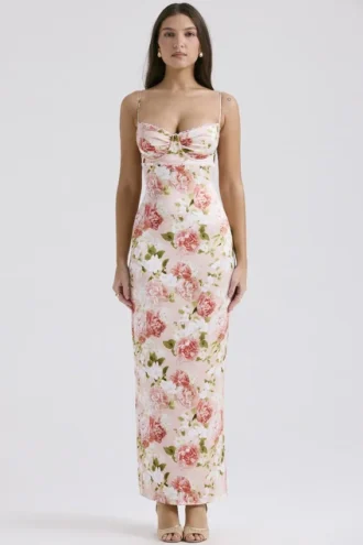Vestido largo de satén con estampado de peonías rosa «Josefina»