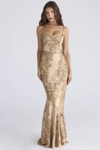 Vestido largo de satén estampado Nalani Gold – Edición limitada