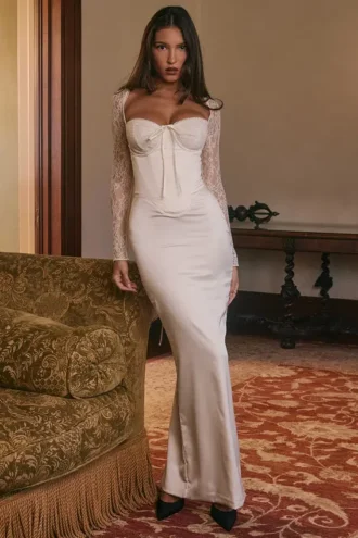 Vestido largo de satén marfil Perdi Vintage