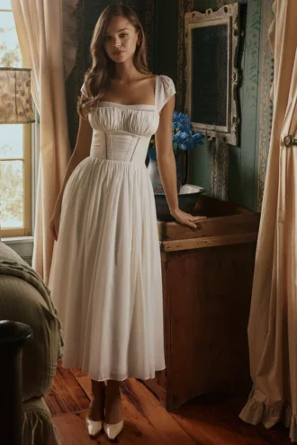 Vestido largo de voile blanco y bordado inglés de Thea