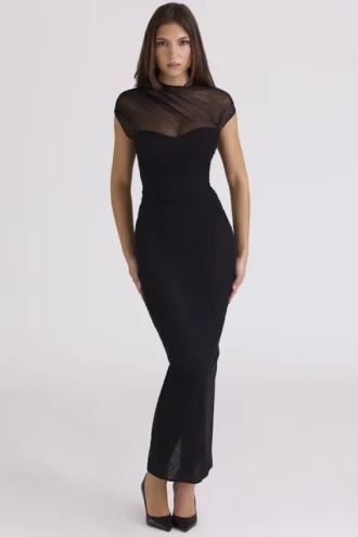 Vestido largo drapeado de malla negro «Orelia»