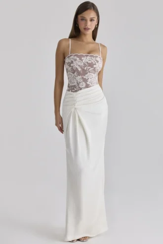 Vestido largo «Eliette» blanco con encaje y satén adornados