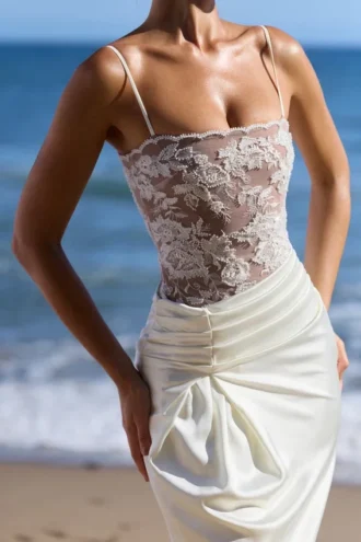 Vestido largo «Eliette» blanco con encaje y satén adornados