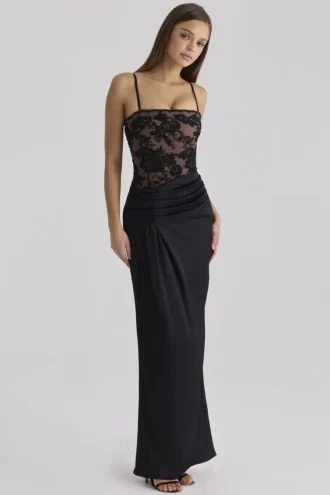 Vestido largo Eliette negro con encaje adornado y satén