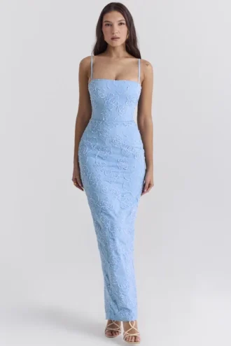 Vestido largo floral bordado «Eva» en azul toscano