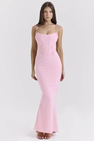 Vestido largo «Romola» de malla elástica rosa con estampado de mariposas