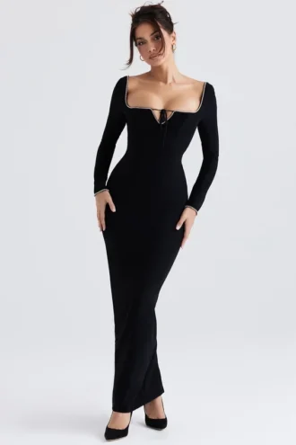 Vestido largo «Rosa» con adornos de cristales negros