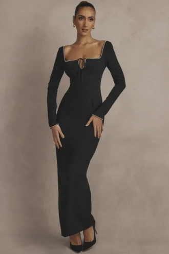 Vestido largo «Rosa» con adornos de cristales negros