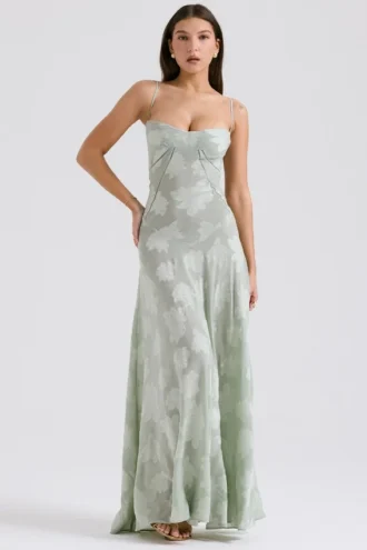 Vestido largo «Seren» con espalda de encaje floral en color pistacho