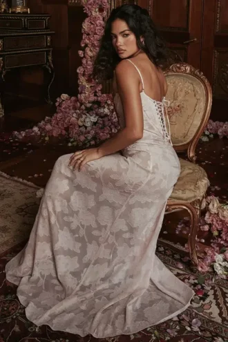 Vestido largo «Seren» con espalda de encaje floral en rosa suave