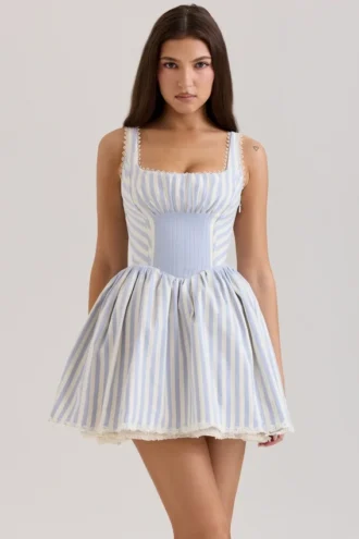 Vestido «Liesl» azul a rayas con pliegues